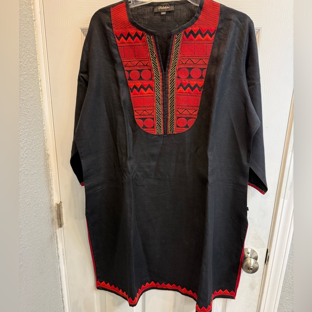 Women’s Black Kurta with Red Embroidered Yoke 100% cotton linen